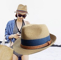 夏季女礼帽韩版休闲防晒爵士帽卷边纸草编织沙滩遮阳帽子出游百搭
