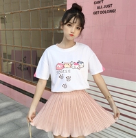日系软萌妹夏装可爱彩色卡通猫咪印花短袖T恤女学生圆领少女上衣