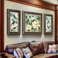 客厅装饰画美式大气沙发背景墙壁画 欧式复古花卉三联画书房挂画