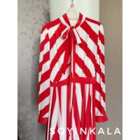 Soyinkala 意式风情 名媛风 领口系带红白条纹拼色真丝连衣裙