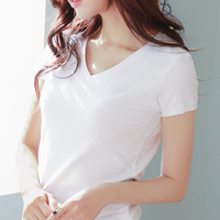 2018春装新款纯白色V领短袖T恤女韩版修身打底衫半袖棉体恤上衣服