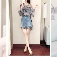 2018夏季新品韩版大码女装洋气套装显瘦微胖妹妹减龄牛仔连衣裙潮