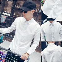 秋季白衬衫男长袖韩版潮流修身加绒保暖纯色白衬衣寸男士职业工装