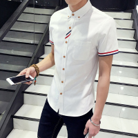 青少年夏季新款男士短袖衬衫纯色牛津纺韩版修身学生时尚衬衣潮流