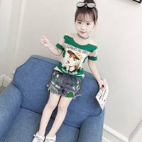 女童套装2018新款夏装儿童装时髦两件套9牛仔短裤T恤洋气韩版L。