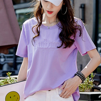 【2件69】t恤女短袖2019新款韩版宽松大码胖mm紫色纯棉体恤上衣夏