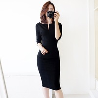 2018春季新款韩版修身显瘦胸前拉链包臀连衣裙七分袖中长款女装