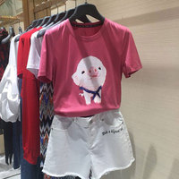 欧阿玛施旗女装2019夏季新款正品国内代购小猪印花粉色短袖T恤女