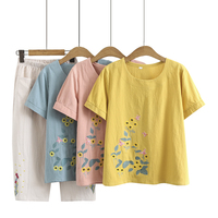 妈妈洋气时尚两件套夏中年妇女大码棉麻T恤上衣休闲运动短袖套装