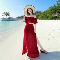 2018新款女夏海边度假套装一字肩仙性感沙滩裙chic长裙心机连衣裙