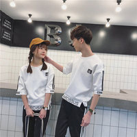 情侣装夏装 新款韩版男女七分袖t恤两件套学生休闲运动套装班服潮