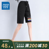 JY真维斯2022夏季新品休闲时尚女款短裤宽松直筒印花黑色运动裤子