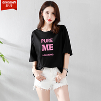2018夏季新款韩版字母女装t恤半袖宽松休闲黑色短袖t恤衫女款上衣