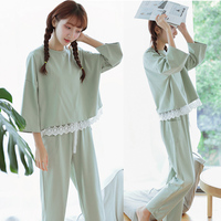韩版长袖睡衣女夏莫代尔薄款花边时尚可外穿女甜美休闲家居服套装