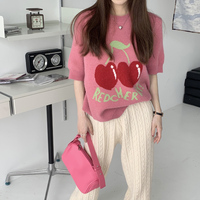 2023年可爱粉色水果樱桃针织短袖毛衣女春季韩版宽松T恤洋气上衣