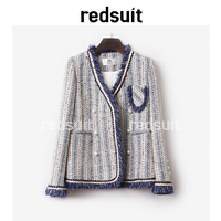 redsuit 气质蓝白条纹春秋冬新款女小香风编织短外套装粗花呢上衣