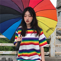 韩国ulzzang原宿bf风宽松彩虹条纹INS同款短袖T恤上衣女学生情侣