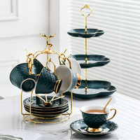 北欧轻奢祖母绿金边英式下午茶茶具欧式咖啡杯碟茶具套装陶瓷