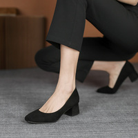 工作鞋女黑色高跟鞋粗跟5cm低跟3公分久站不累脚软底绒面方头单鞋