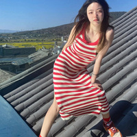 韩国夏季chic复古洋气减龄甜酷风性感红白条纹吊带连衣裙长裙女潮