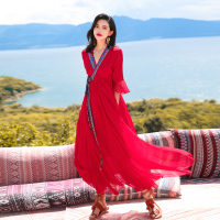 沙漠旅游拍照超大摆民族风红色连衣裙新疆青海湖度假波西米亚长裙