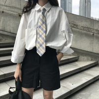 领带衬衫女秋季2018新款韩版宽松百搭纯色口袋学生白色慵懒衬衣潮