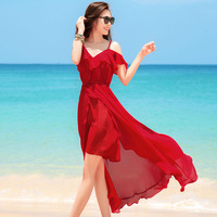 巴厘岛大红色沙滩裙海边度假仙雪纺白色吊带裙女夏长裙连衣裙长款