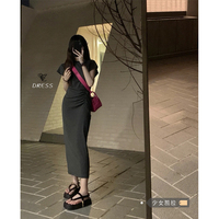 辣妹直筒T恤连衣裙女2022年夏季新款修身包臀裙长裙黑色紧身裙子