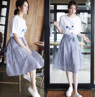 2018夏季新款韩版两件套连衣裙中长款套装裙淑女条纹蝴蝶结A字裙