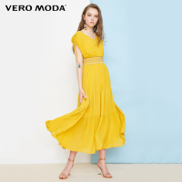 Vero Moda2018夏季新款民族风黄色V领长款连衣裙|31827A575