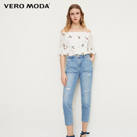 Vero Moda2018春季新款水洗磨破九分牛仔裤女|318149507