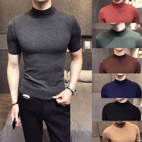 秋季韩版男士针织衫半高领青年半袖T恤上衣男款修身短袖贴身毛衣