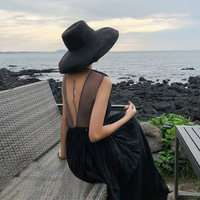 2018女夏装新款吊带V领连衣裙黑色性感露背沙滩裙子海边度假长裙