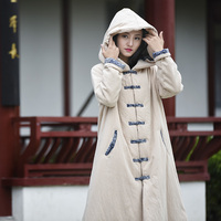 中国风棉衣女2021冬季长款棉麻夹棉带帽长袍加厚保暖复古斗篷外套