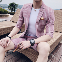 夏季休闲西服套装男修身条纹中袖小西装文艺男粉色韩式休闲短裤潮
