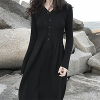 2019新款韩版V领修身显瘦收腰气质长袖秋装打底黑色针织连衣裙女
