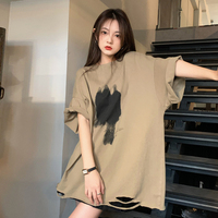 正肩短袖t恤女中长款遮屁2022年新款夏季韩版设计感宽松破洞上衣