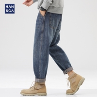 hansca2022秋冬季款深蓝色牛仔裤男加绒复古美式宽松直筒长裤子男