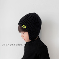 韩版ins秋冬儿童保暖针织毛线帽男女童宝宝字母缝标护耳套头帽冬