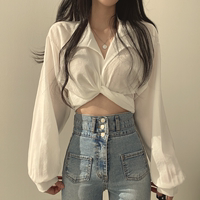 韩国chic秋季法式小众设计感后背系带蝴蝶结露肚脐短款衬衫上衣女