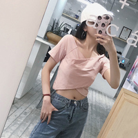 cheeseY韩版T恤女夏季2018新款粉色交叉V领短款高腰修身露脐上衣