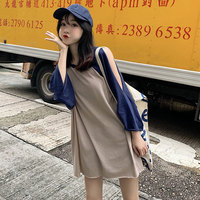 短袖T恤女2019夏季新款设计感小心机露肩撞色宽松中长款韩版上衣