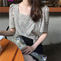 韩国ins元气少女夏季百搭法式复古方领碎花短袖衬衫女上衣