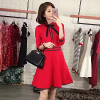 韩国2017春装新款女装红色裙子礼服春秋款修身显瘦气质连衣裙2018