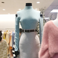 YOOMINI韩国东大门女装2018新款秋装时尚露肩破洞镂空薄款针织衫