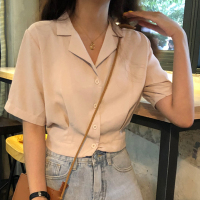 设计感韩版chic洋气短款露脐雪纺短袖衬衫女新款夏季气质衬衣学生
