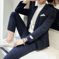 新款英伦男士时尚格子西服两件套装男青年修身韩版小西装休闲外套