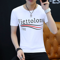 夏季白色印花短袖t恤男士韩版修身青少年半袖体恤衫潮流情侣衣服