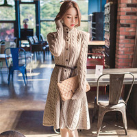 韩国代购修身羊毛针织开衫女装长袖毛衣外套打底中长款连衣裙秋冬