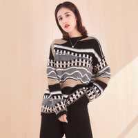 台湾品牌女装秋冬新款时尚套头上衣撞色图案条纹针织毛衣女T6321A